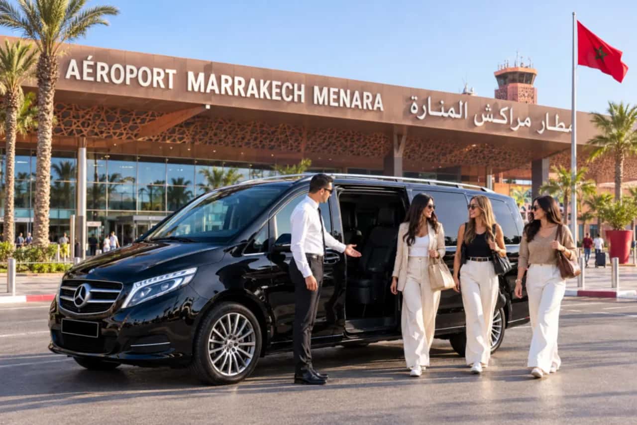 Chauffeur welcoming three travellers at a Mercedes V-Class outside Marrakech Menara Airport