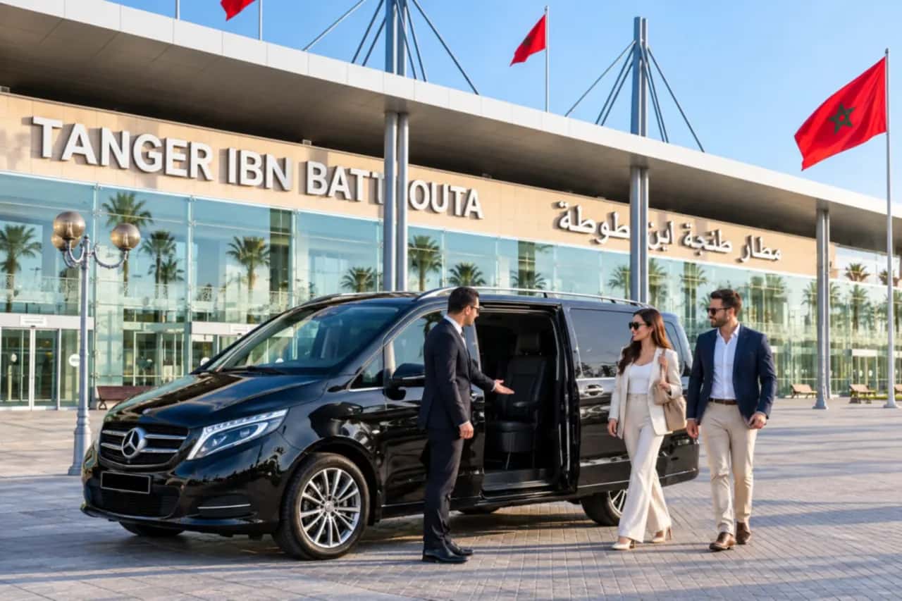 Private driver welcoming two travellers at a Mercedes V-Class outside Tangier Ibn Battouta Airport